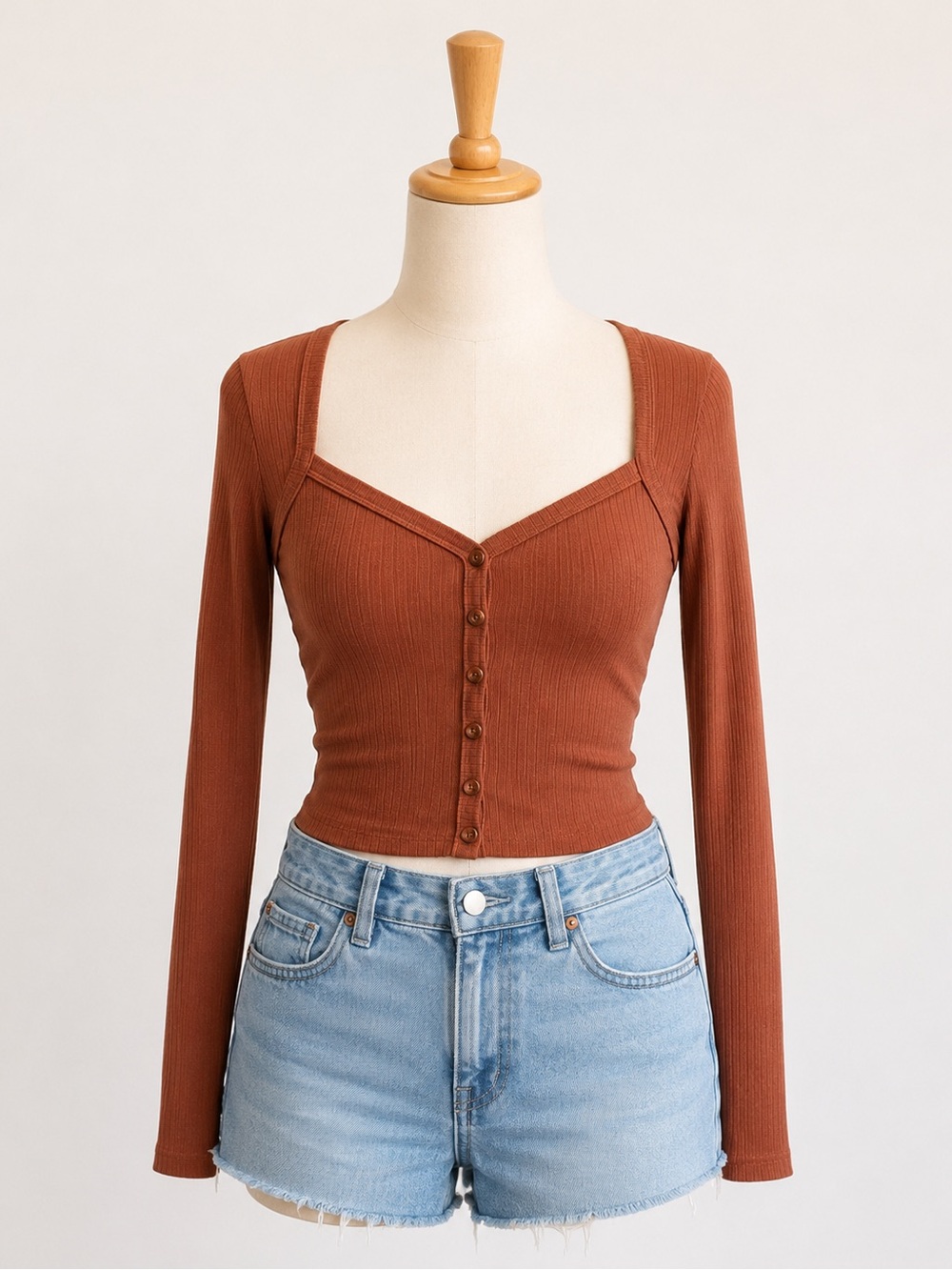 Bozzolo Rust Ribbed Square-Neck Button Crop Top